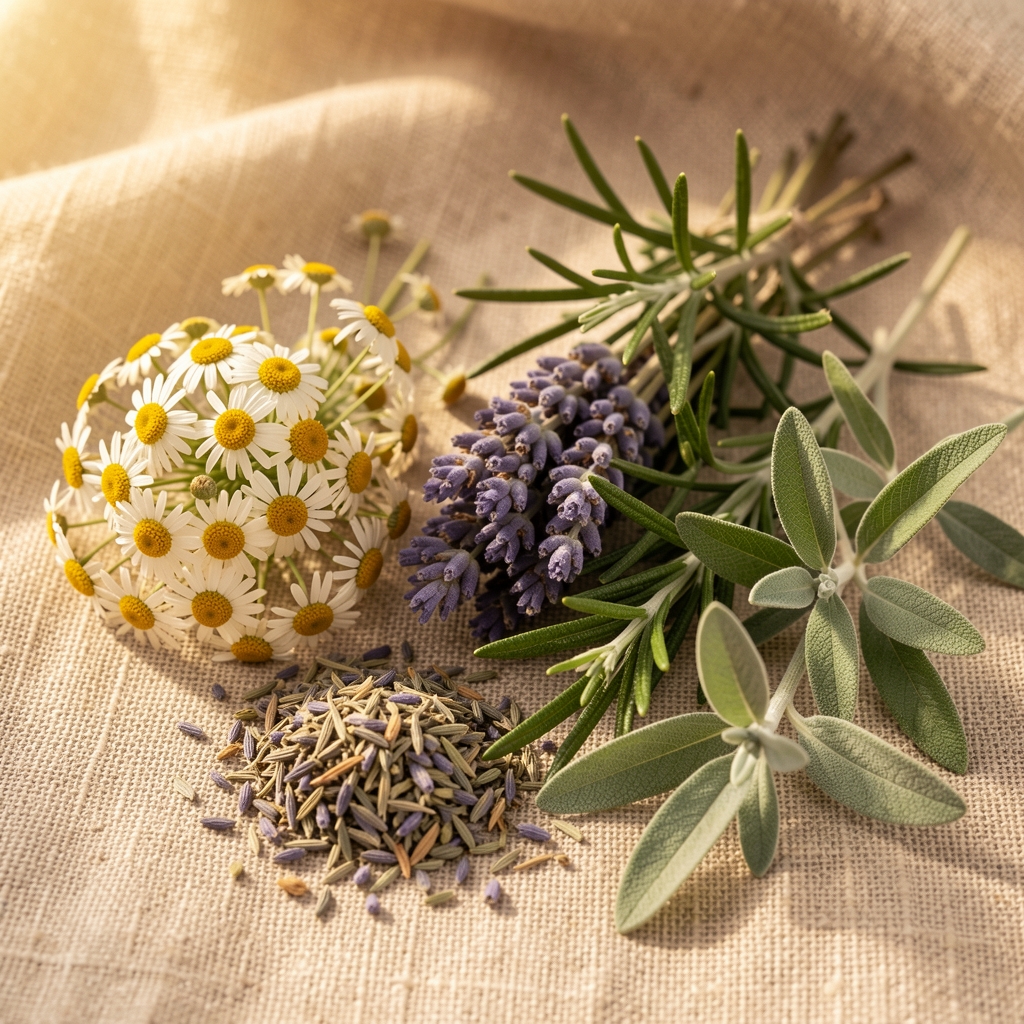 Assortiment de plantes médicinales séchées — camomille, lavande, romarin et sauge — disposées sur un fond en lin naturel beige avec une lumière chaude dorée