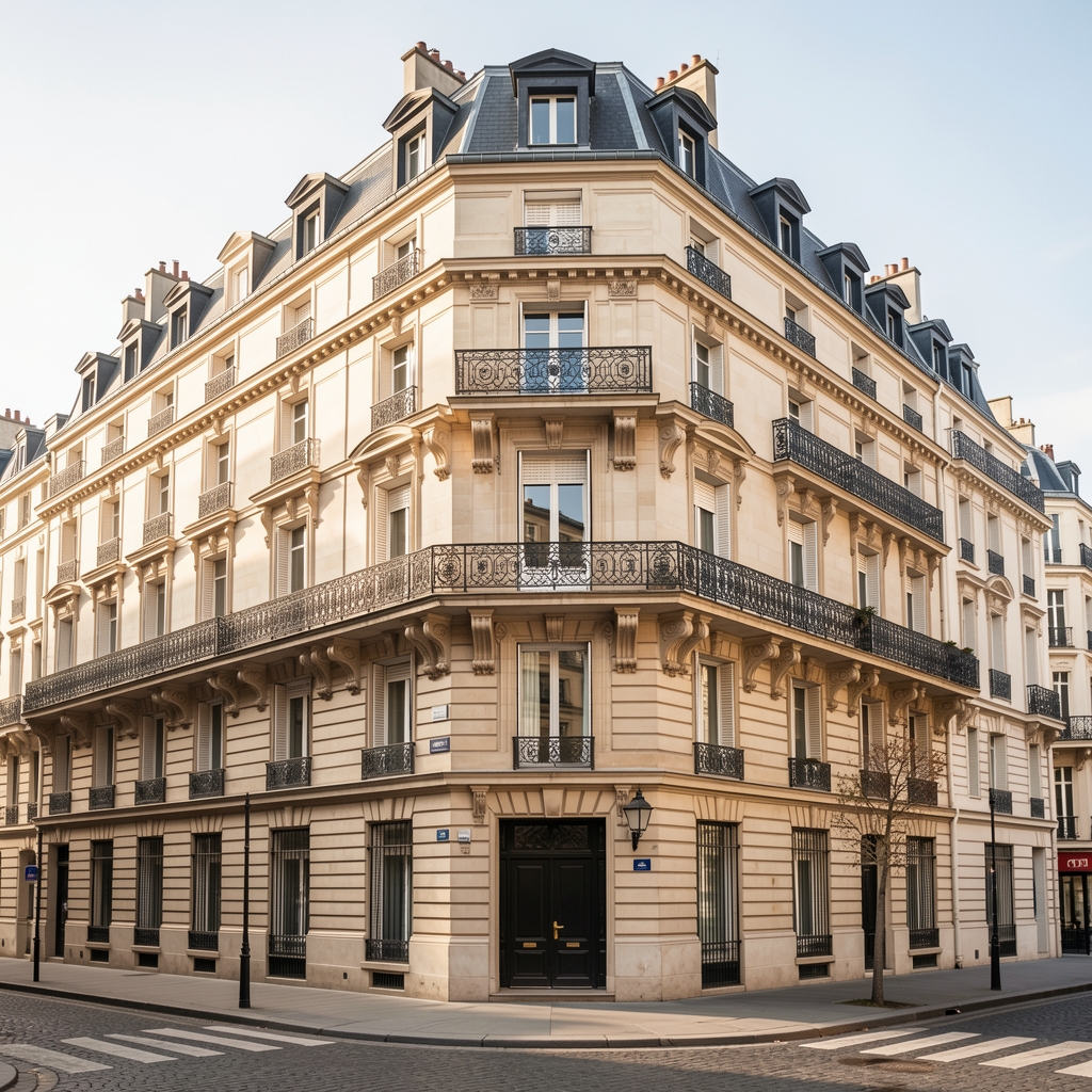 Façade haussmannienne élégante sur l'Avenue de l'Opéra à Paris au coucher du soleil, pierre blonde dorée, lumière chaude, reflets sur les vitres, ambiance architecturale européenne sereine