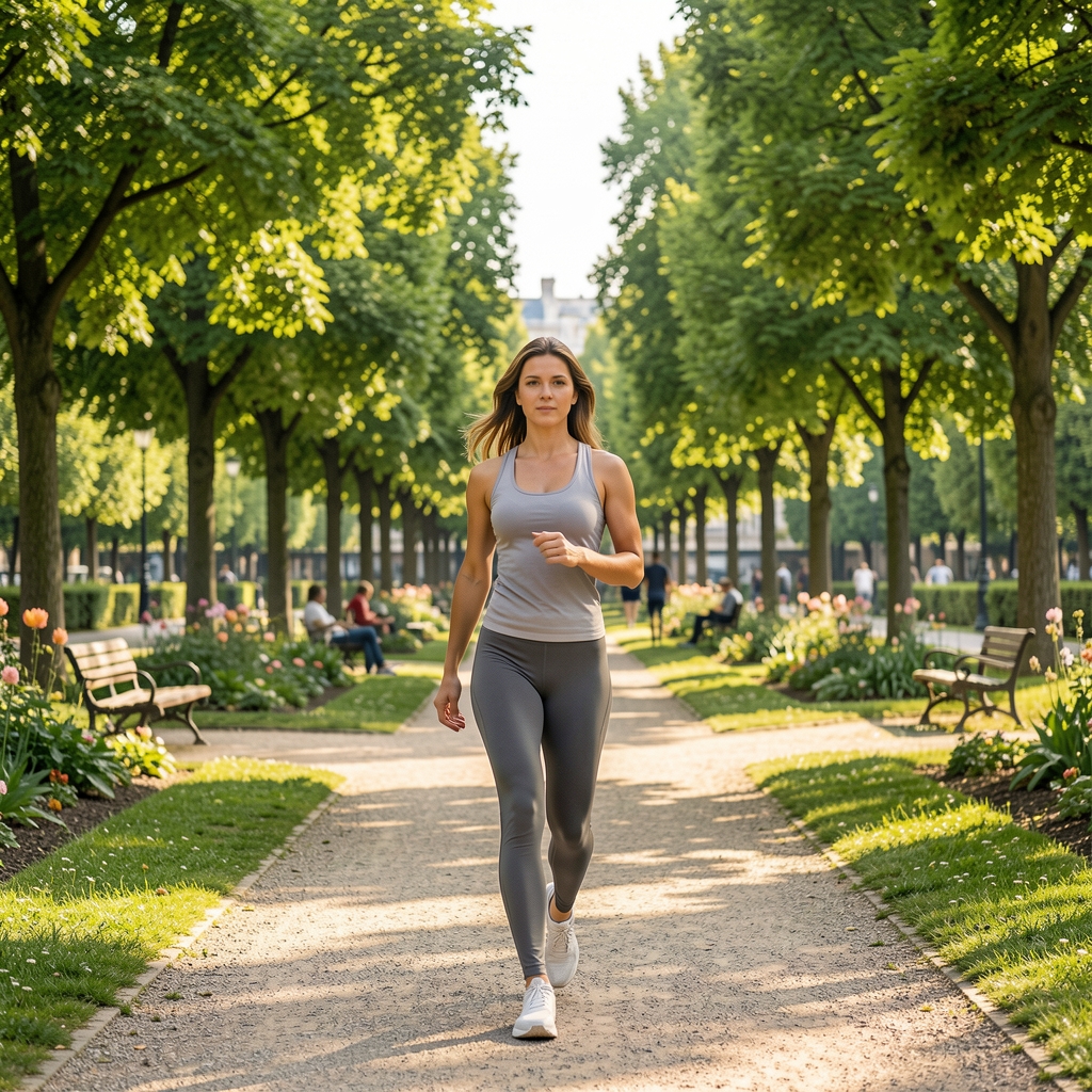 Femme active en bonne santé marchant dans un parc verdoyant parisien par une matinée lumineuse, entourée d'arbres et de lumière naturelle dorée