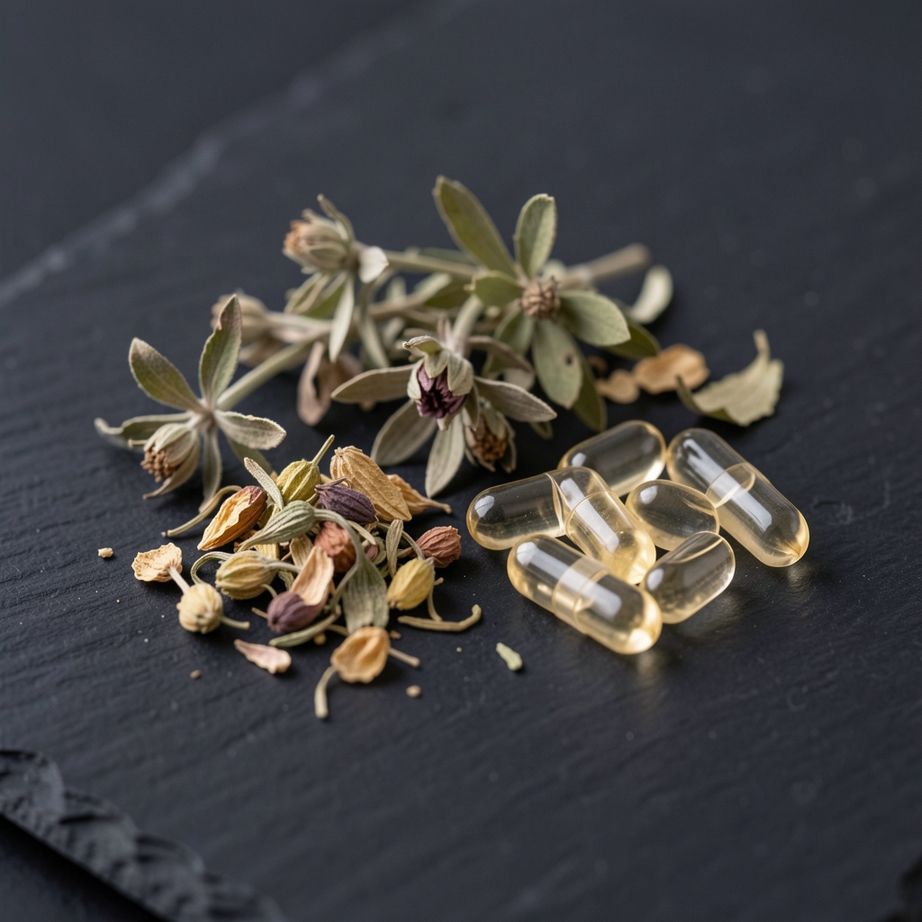 Vue macro de plantes médicinales séchées et de gélules végétales transparentes disposées sur une surface en ardoise noire, lumière naturelle douce venant du côté