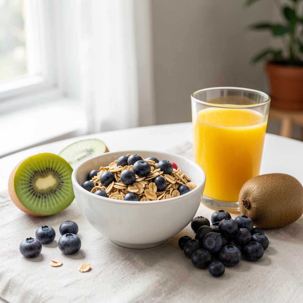 Petit-déjeuner sain et lumineux avec bol de granola, baies fraîches, kiwi et verre de jus d'orange pressé sur une table en bois blond, lumière matinale naturelle