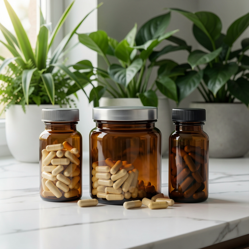Complexe de gélules vitaminiques naturelles et flacons en verre ambré élégants disposés sur une surface en marbre blanc avec des plantes vertes en arrière-plan